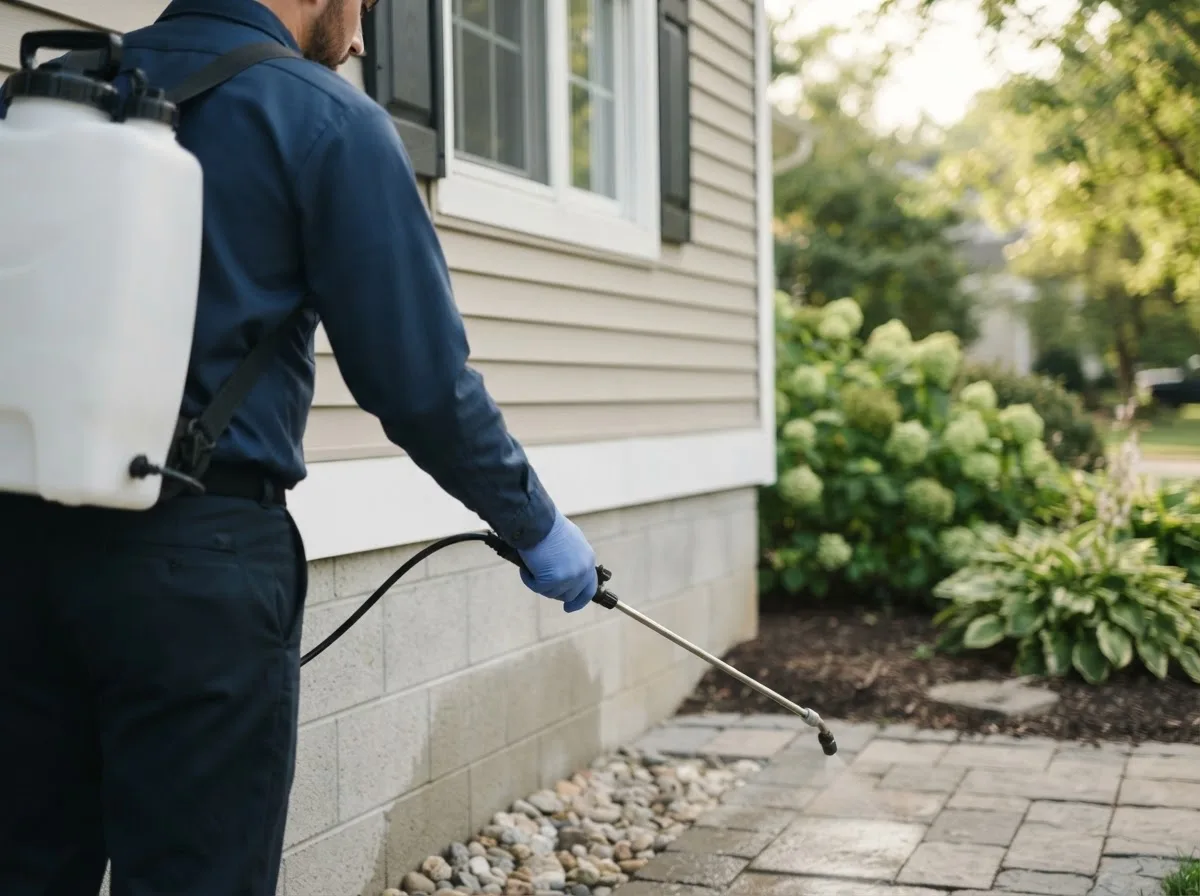 Pest control technician inspecting a home in Morrisonville, WI